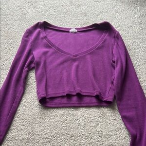 Purple V-Neck Crop Top Long Sleeve